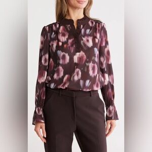 Gemma + Jane Georgette Button Front Top floral pattern long sleeve size M